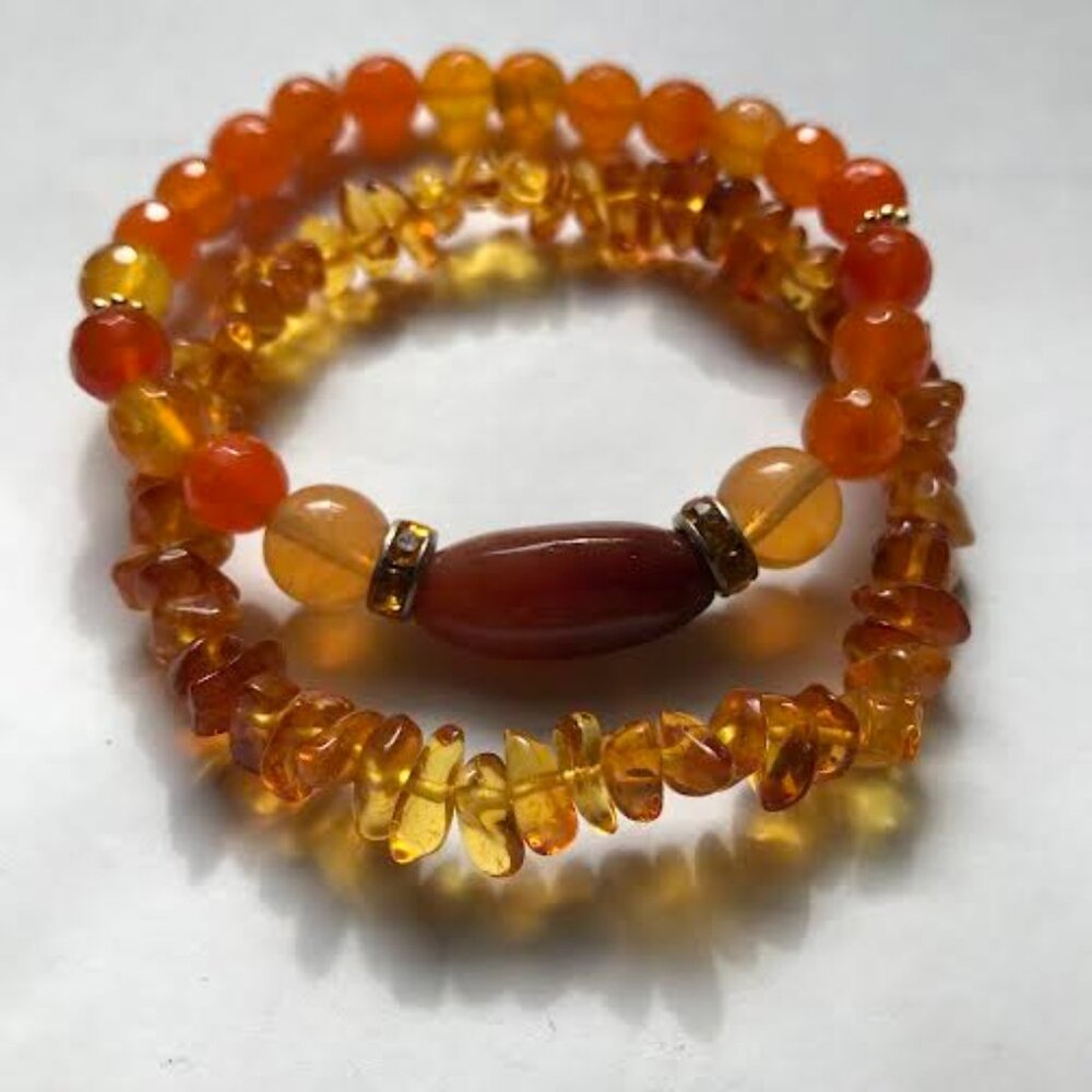Amber and Carnelian Set of two stretch healing bracelets